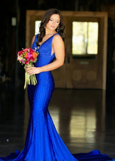 Jessica | Royal Blue Glitter Trumpet Mermaid Beaded Prom Dress with Train - Royal Blue - PromDressClub
